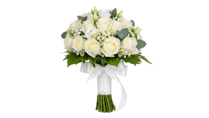 A delicate wedding bouquet, a symbol of love and beauty, made with ivory roses and greenery Isolated on a transparent background