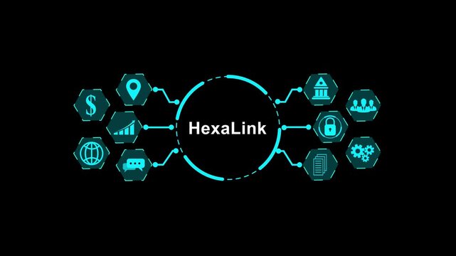Hexa Link Digital Network with Abstract Icons and Hexagonal Nodes on Black Background image photo.4k Video