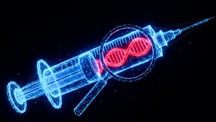 Digital wireframe syringe magnifying glowing red dna helix representing genetic research and vaccine development