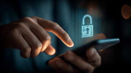 A cybersecurity protection concept showing a hand interacting with a phone and a digital padlock representing secure access.
