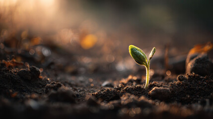 Single Green Sprout Growing from Fertile Soil in Warm Morning Sunlight Symbolizing New Life