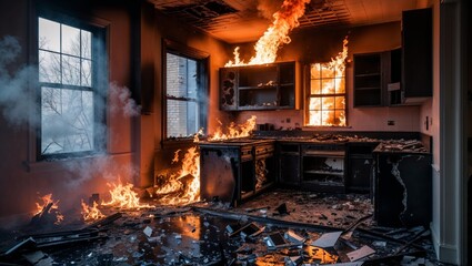 Kitchen engulfed in flames, smoke billowing from windows and ceiling, debris scattered everywhere