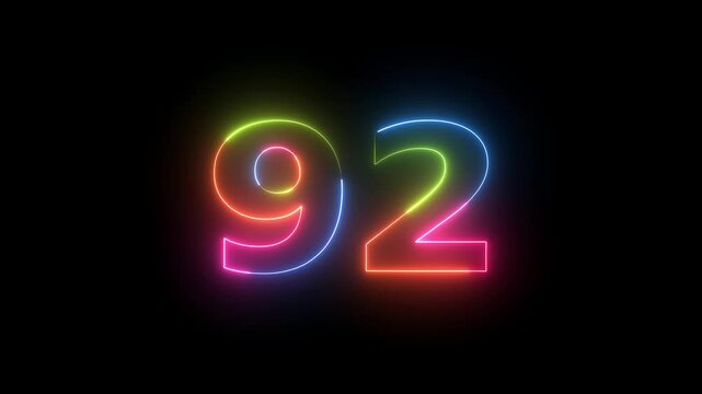 Number 92 neon glowing on black background