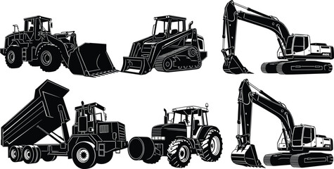 Heavy Construction Equipment Vector Set, Silhouette Collection of Industrial Machinery, Excavator, Dump Truck, Loader, and Tractor, Black and White Icon Pack. © Parvej Creatives