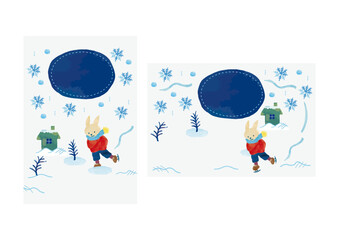 グリーティングカードベクターイラストテンプレート うさぎがスケートをする冬の可愛らしい風景