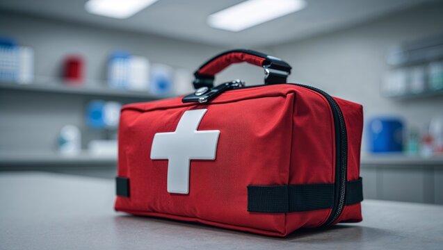 Red first aid kit with white cross symbol on a counter in a medical setting - Powered by Adobe