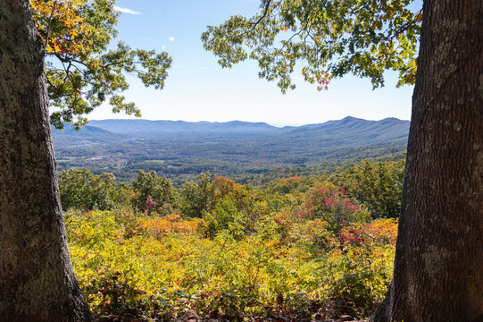 View of Porter Mountain framed by two trees during autumn in Virginia