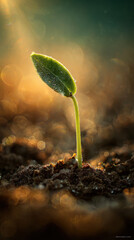 Single Green Sprout Growing from Fertile Soil in Warm Morning Sunlight Symbolizing New Life