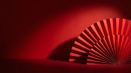 Red folded fan on red background with dramatic shadows for Chinese New Year theme