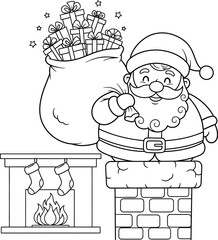 Cute Santa Claus on Chimney with Gift Bag – Christmas Coloring Page Line Art for Kids, Holiday Fireplace Scene, Santa Illustration for Festive Print and Design Projects