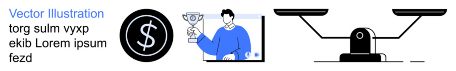 Finance, business growth, legal balance, achievements, corporate goals, investment. Trophy holder, dollar symbol scales of justice. Finance and business growth in simple graphics