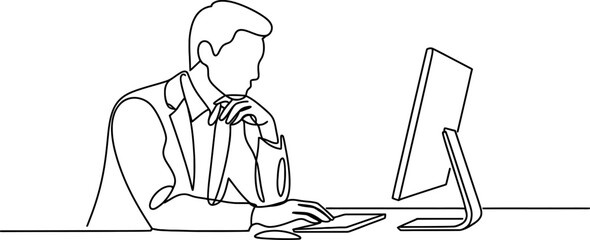 Continuous line drawing of a man concentrating while working on a computer at his desk Vector, illustration