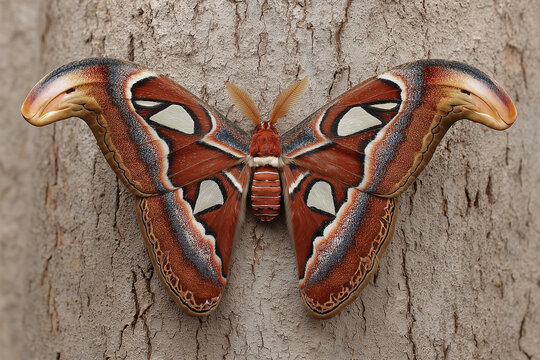 Giant Atlas Moth Resting on Tree Bark Texture