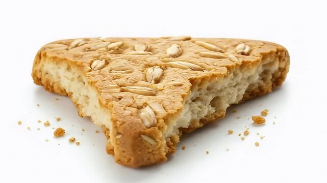 A delightful, triangular baked good, generously topped with wholesome seeds, is showcased in a clean, isolated presentation. This golden-brown pastry exhibits a charmingly crumbly texture, with a visi