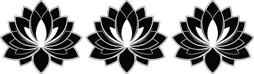 Lotus flower silhouette, symmetrical design, black vector art, spiritual symbol, decorative pattern, nature motif, peaceful theme, floral elegance, artistic balance