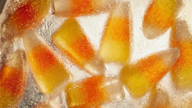 Close up of candy corn in clear ice with bright studio lighting and bokeh background