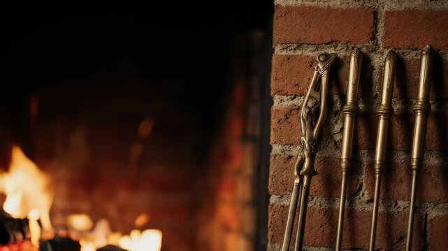 Warm Hearth With Glowing Fireplace Flames And Antique Brass Fireplace Tools On A Brick Wall