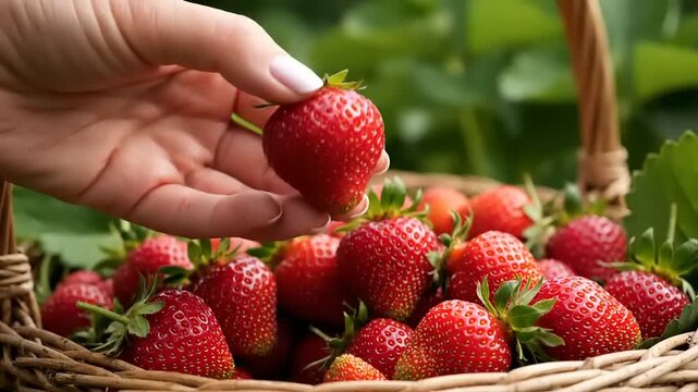 Picking ripe strawberries in a wicker basket.