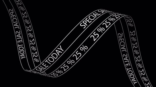 specia today sale 25% percent off side text Scrolling with ribbon animation, transparent background 4K
