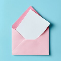 Stylish photo of Pink open envelope with a blank white card on a light blue background