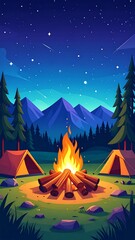 2d flat design vector illustratition of campfire in the nature