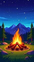 2d flat design vector illustratition of campfire in the nature