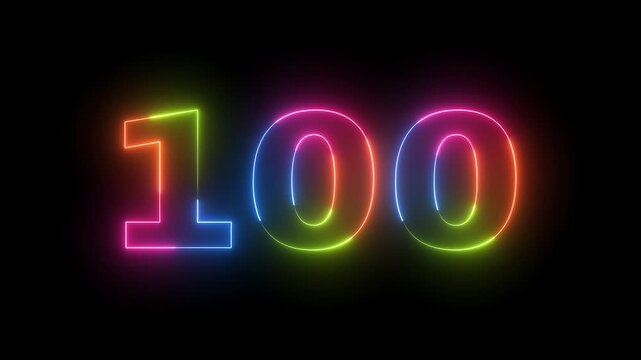 Neon light glowing number 100 on black background