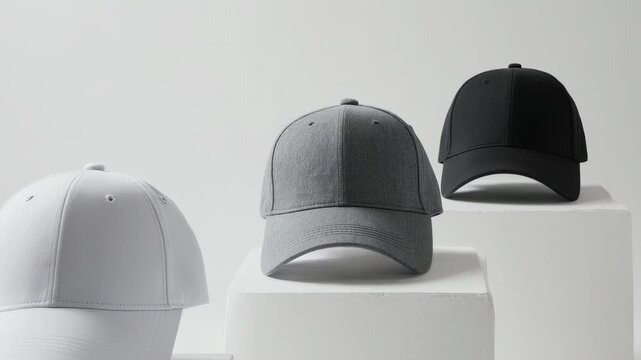 Three Baseball Caps in White Gray and Black Displayed on White Cubes Against a White Background