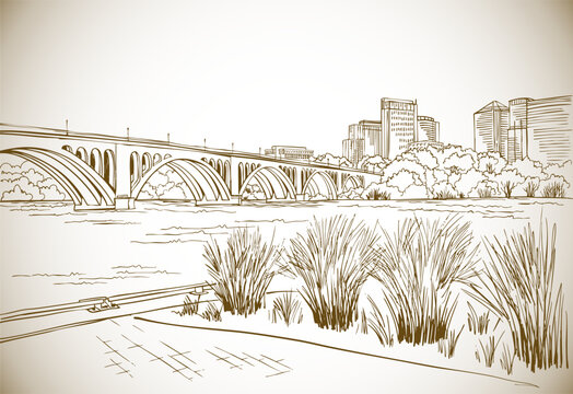 The nice view of the Key Bridge in Washington DC, USA. Potomac River. Arlington. Urban landscape. Hand drawn sketch. Sepia illustration. Line Art. Vector background. Vintage Postcard style.