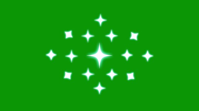 Twinkling glitter star sparkle animation, white cartoon doodle shine, flat vector blinking light sparkle motion, glowing stars on transparent green screen, 4k starry loop overlay