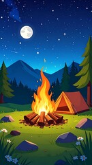 2d flat design vector illustratition of campfire in the nature