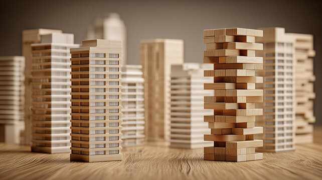 An urban development concept illustrated with wooden miniature buildings and structured tower models, symbolizing construction planning architecture and long term structural progress.
