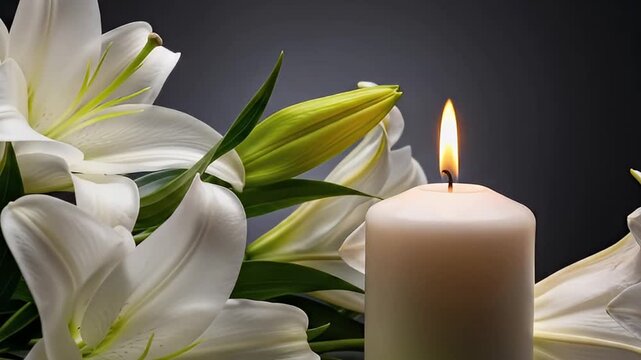 A serene and elegant composition features a tall, burning white pillar candle casting a soft, warm glow beside a delicate bouquet of fresh white lilies with vibrant green foliage. The gentle flicker o