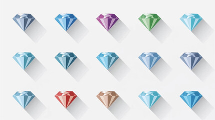 A collection of colorful flat design diamond icons with long shadows, arranged in a grid on a light background.