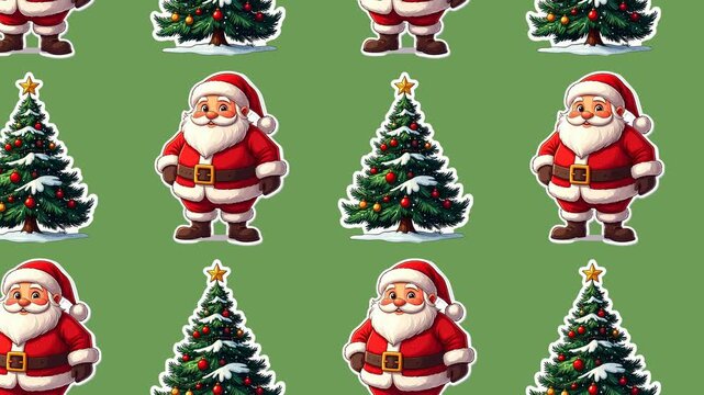 Seamless looping pattern of large Santa and tree on a pale, light green background.