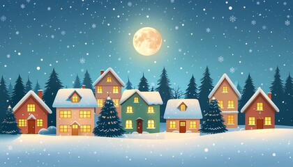 Cozy winter village scene with glowing windows under a bright full moon during heavy snowfall