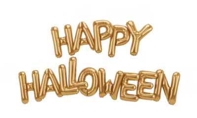 Gold Happy Halloween balloons isolated on a transparent background shiny
