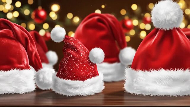 Close up of festive red santa hats with warm bokeh lights