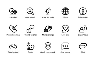 Professional Contact Communication Icons. Chat elements, message bubbles, global tools, phone features, and navigation symbols.