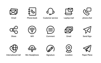 Contact Communication Icons Collection. Chat signs, message symbols, phone tools, navigation elements, and digital interaction features.