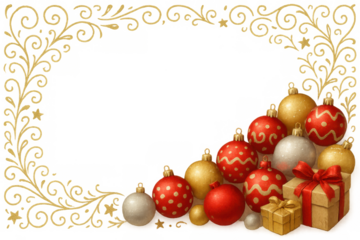 Christmas holiday border design featuring golden ornaments, gift boxes, and elegant floral scrollwork on transparent background