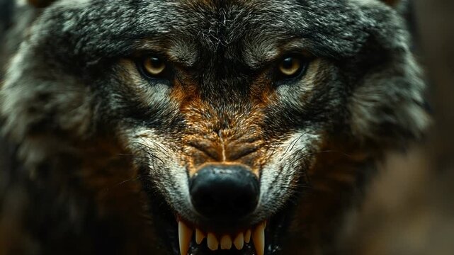 Aggressive wolf snarling in forest setting, intense gaze