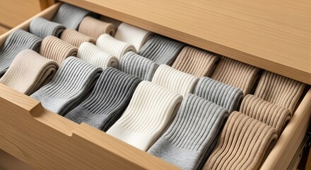 Fototapeta premium A wooden drawer filled with neatly folded socks in various neutral colors, showcasing an aesthetic organization concept for a tidy home
