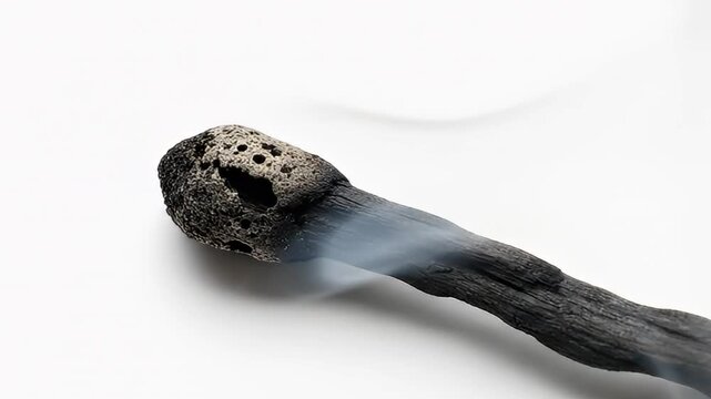 A striking close-up of a thoroughly burnt matchstick resting on a clean, pristine white background, emphasizing the charred and consumed texture of its head and stick. The dark, carbonized wood contra