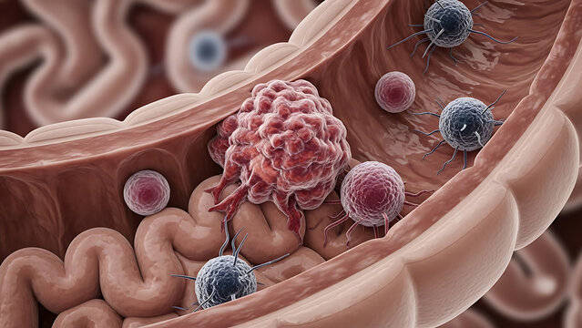 Large intestine Colon cancer Cancer attacking cell Colon disease concept 3d illustration