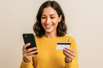 Horizontal photo of a smiling young woman in a yellow sweater holding a smartphone and credit card while making an online purchase, creating a positive scene perfect for ecommerce, mobile banking