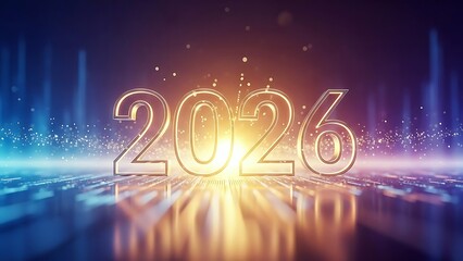 Glowing Golden Numbers 2026 Standing On A Reflective Platform With Sparkling Particles And Futuristic Blue Hues.