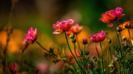 Fototapeta premium Brightly colored garden blossoms glow with warm sunlight against a blurred natural background