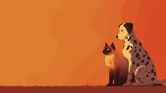 A cat and a dog are sitting side by side on a red background. The cat is staring intently at the dog. Warm gradient minimal scene of a Burmese Cat and Dalmatian Dog, cat and dog minimalist scene