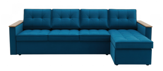 Blue sectional sofa with wooden armrests isolated on a transparent background couch 1